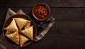 Samosas on Wooden Plate with Sauces and Copy Space