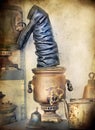 Samovar and boot with a grunge texture