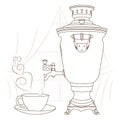 Samovar and cup with hot tea. Old obsolete item of national cuisine. Metal large kettle used to heat and boil water. Sketch