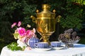 Samovar, cups of tea, pink flowers and grapes on a table covered