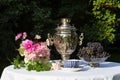 Samovar, cups of tea, pink flowers and grapes on a table covered