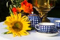 Samovar, cups of tea, red flowers with branches buckthorn, flowe