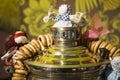Samovar. Russian tradition of tea drinking. Bagels Russian sweets for tea. Unusual kettle. Beautiful Russian