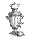 Samovar sketch. Russian traditional old fashioned style of tea drinking. Vintage vector illustration Royalty Free Stock Photo