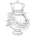 Samovar with a teapot and bagels in the Russian tradition is ready for tea drinking drawn in outline, isolated object on