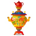 Samovar with traditional Russian ornament isolated on white background. Vector cartoon close-up illustration.