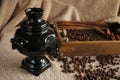 Samovar and wooden tray on the table. A boiling samovar stands on a table in the courtyard of the house. A red teapot Royalty Free Stock Photo
