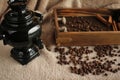 Samovar and wooden tray on the table. A boiling samovar stands on a table in the courtyard of the house. A red teapot Royalty Free Stock Photo