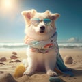 Samoyed dog breed in summer attire. Summer samoyed dog wearing cute pet sunglasses and scarf costume. Royalty Free Stock Photo
