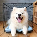 Samoyed dog inside dog crate Royalty Free Stock Photo