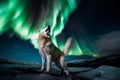 Samoyed dog looks at the northern lights