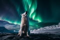 Samoyed dog looks at the northern lights