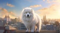Samoyed dog stands on the background of the city at sunset