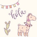 Llama, cactus and banner cartoon illustration. Hand lettering in Spanish `hola`.