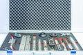 Sample collection various metal linear guide and wheel bearing rail etc arrange in box for industrial and other