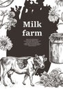 Sample cover for agricultural brochure. Milk can, cow and meadow flowers. Template for dairy farm.