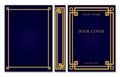 Sample design of the hardcover and spine of the book. Gold frames on a dark blue background. Border to be printed on the covers of