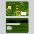 Sample design template credit card from two sides. Flower pattern in Russian ethnic style hohloma.