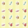 Sample with different sweets. Watercolor seamless pattern.