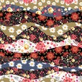 Sample of fabric for a flamenco dress. Smooth wavy stripes decorated with floral patterns of roses, daisies, tulips