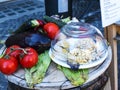 Sample food outside restaurant in the Campo di Fiori in Rome Italy