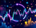 vector of a stock market charts with futuristic neon hilights and data with stacks of coins on it Royalty Free Stock Photo