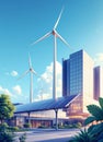 wind turbines and solar panels in front of modern office buildings with plants and blue cloudy sky Royalty Free Stock Photo