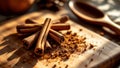 Close-up of cinnamon sticks and powder on a wooden cutting board with soft natural lighting Royalty Free Stock Photo