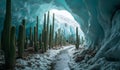 Dense forest of giant cacti growing inside glacier cave. Surreal, unexpected nature setting. Royalty Free Stock Photo