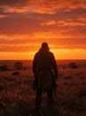 Silhouette of an American Native Figure Amidst a Fiery Sunset Over Plains with Bisons Royalty Free Stock Photo