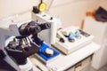 A sample preparation table in a laboratory with an optical micro Royalty Free Stock Photo