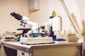 A sample preparation table in a laboratory with an optical micro Royalty Free Stock Photo
