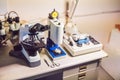 A sample preparation table in a laboratory with an optical micro Royalty Free Stock Photo