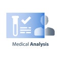 Sample test result, medical laboratory analysis, lab tube, pharmacology concept