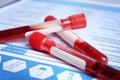 Sample tubes with blood on laboratory test form, closeup.