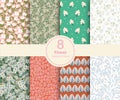 Vector flower botanical theme illustration 8 kinds repeat pattern collection set Royalty Free Stock Photo