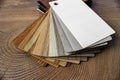 Sample of wood laminated chipboard for furniture design on wooden background with copy space. Royalty Free Stock Photo