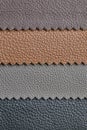 Samples of beige, brown, gray black leather. Leather crafts and craftwork. View from above. Royalty Free Stock Photo