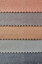 Samples of beige, brown, gray black leather. Leather crafts and craftwork. View from above. Royalty Free Stock Photo
