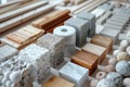Samples of building materials. View from above. Samples of wood, stone, tiles. Building materials. Brick Royalty Free Stock Photo
