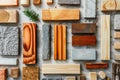 Samples of building materials. View from above. Samples of wood, stone, tiles. Building materials. Brick Royalty Free Stock Photo