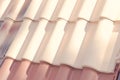 Samples of ceramic roofing tiles in a warehouse of a roofing mat Royalty Free Stock Photo