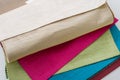 Samples of colorful interior fabrics. Book of fabrics for curtains, upholstery Royalty Free Stock Photo