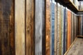 Samples of colorful wood planks displayed in a hardware store, offering various options for flooring and interior design Royalty Free Stock Photo