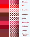 Samples cross stitch in red palette of colors with names