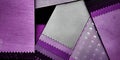 samples of curtain fabrics in different textures, purple and grey colors tone, in the form of catalogs for selection.