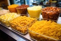 samples of different types of pasta on a shelf in an italian deli