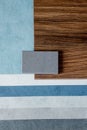samples of finishing materials, close-up view, including various wooden laminates, interior wallpaper, gray artificial stone Royalty Free Stock Photo