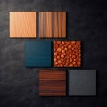 Samples of laminate and vinyl floor tile on black wooden background. Top view Royalty Free Stock Photo