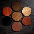 Samples of laminate and vinyl floor tile on black wooden background. Top view Royalty Free Stock Photo